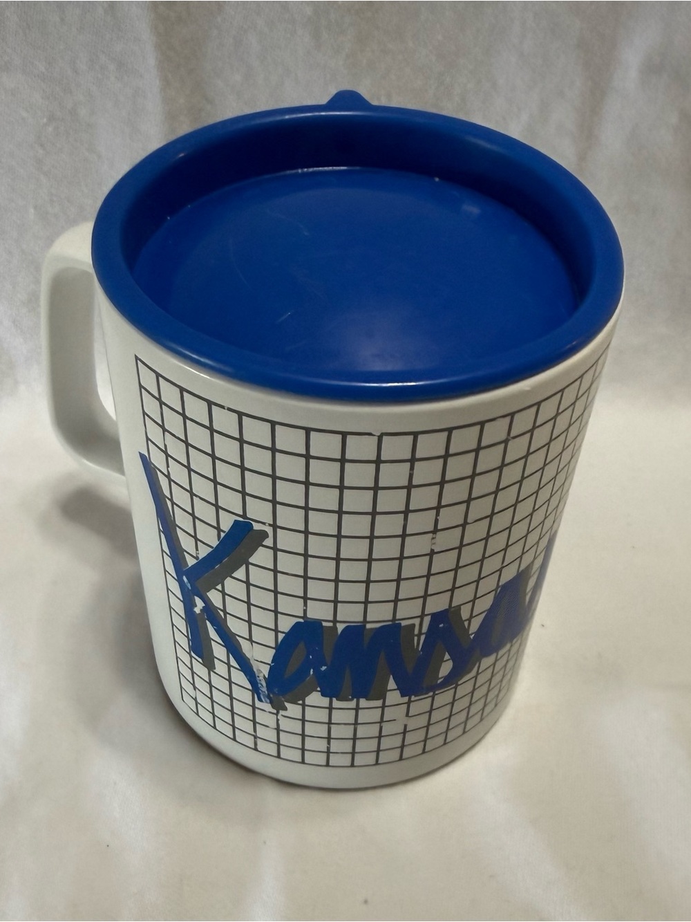 White Plastic Travel Mug with Blue Lid and Blue Kansas City Graphic